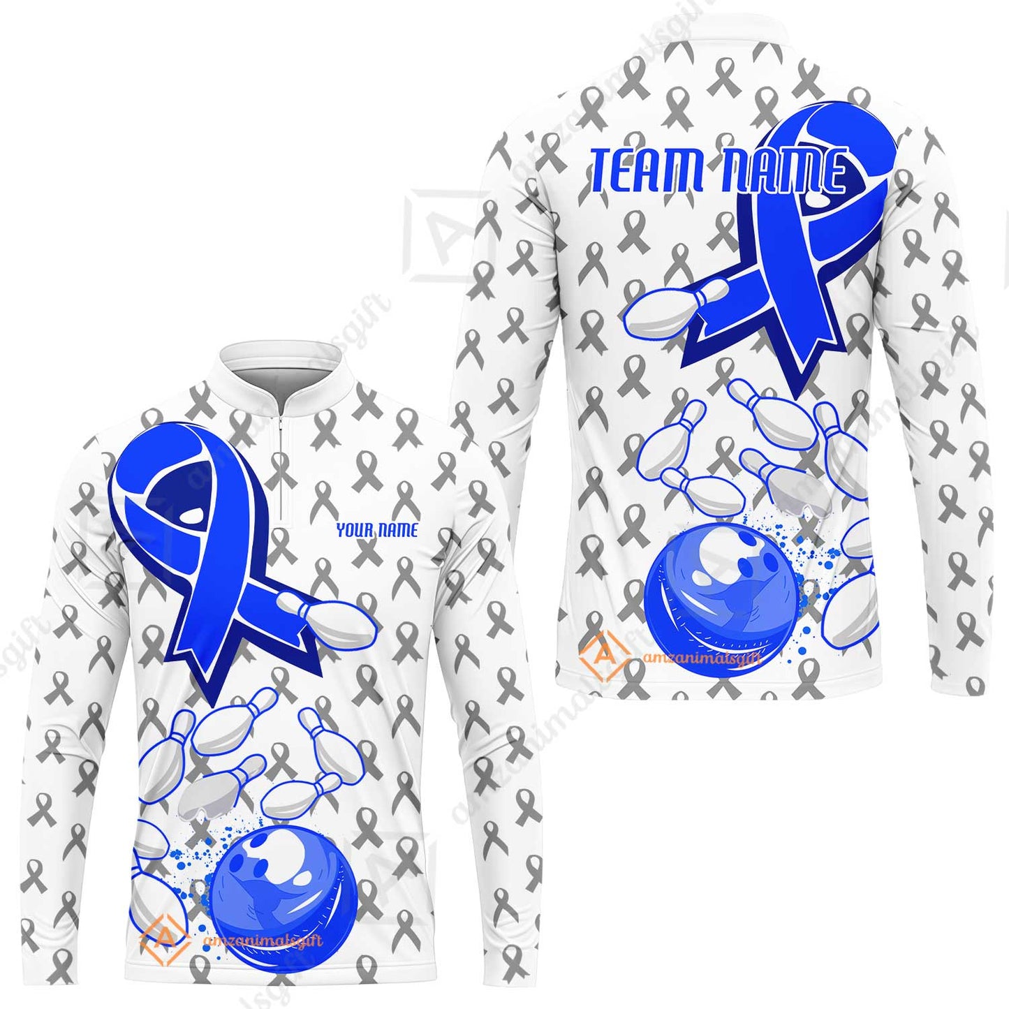 Custom Bowling Team Uniform Shirts, Blue Ribbon & Bowling Pins Strike Graphic Shirt, Personalized Team & Player Jersey
