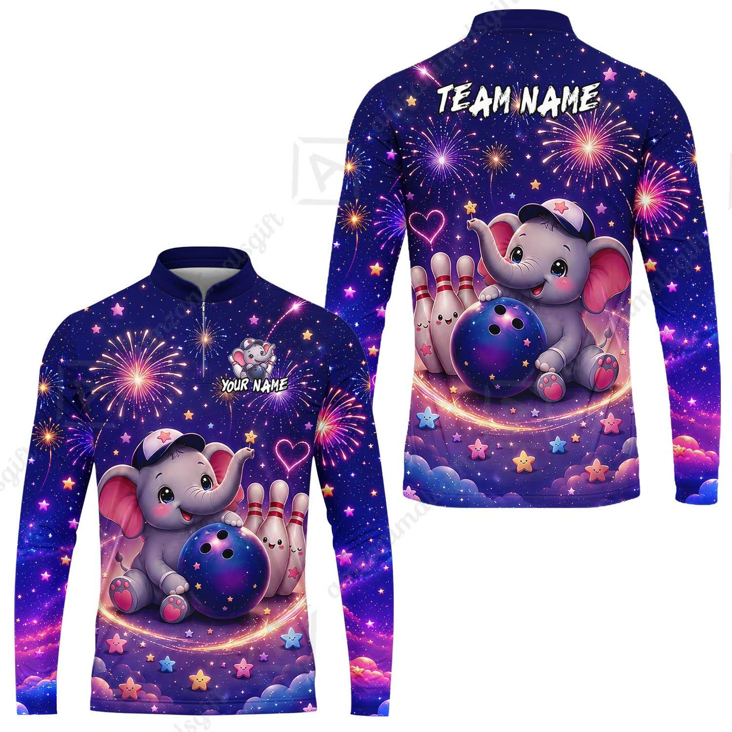 Custom Bowling Jersey Polo Shirt, Cute Elephant Holding Ball, Personalize Name and Team Name