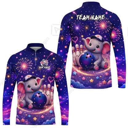 Custom Bowling Jersey Polo Shirt, Cute Elephant Holding Ball, Personalize Name and Team Name