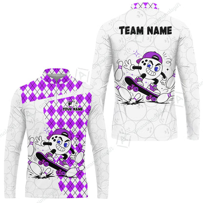 Custom Bowling Jersey Polo Shirt, Skateboarder Bowling Ball Mascot, Custom Bowling Jersey Team Shirt For Players With Name and Team Name