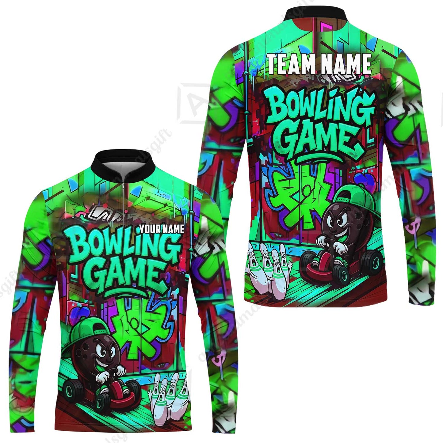 Custom Bowling Jersey Polo Shirt, Street Graffiti Go Kart Ball, Custom Bowling Jersey Team Shirt For Players With Name and Team Name