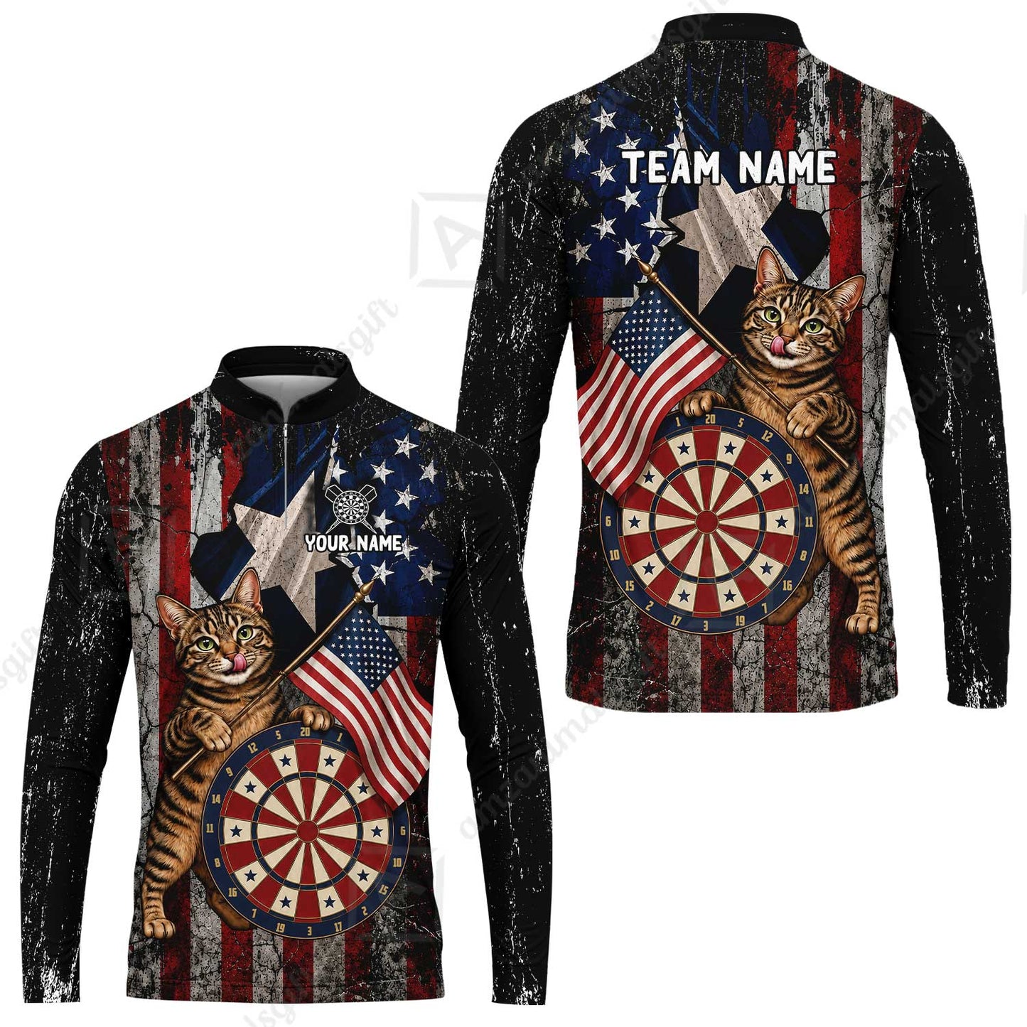 Custom Dart Jersey Team Shirt For Players, American Flag and Alley Cats, Personalize Name and Team Name