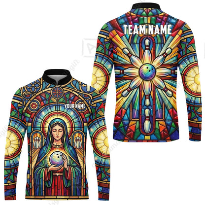 Custom Bowling Jersey Polo Shirt, Stained Glass Sacred Strike, Custom Bowling Jersey Team Shirt For Players With Name & Team Name