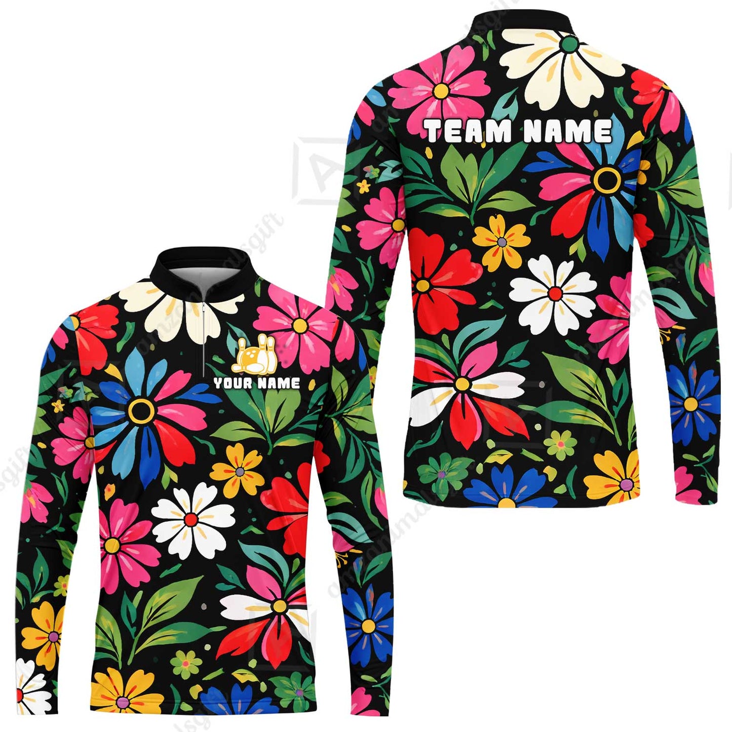 Custom Bowling Jersey Polo Shirt, Vibrant Summer Bloom Floral, Custom Bowling Jersey Team Shirt For Players With Name and Team Name
