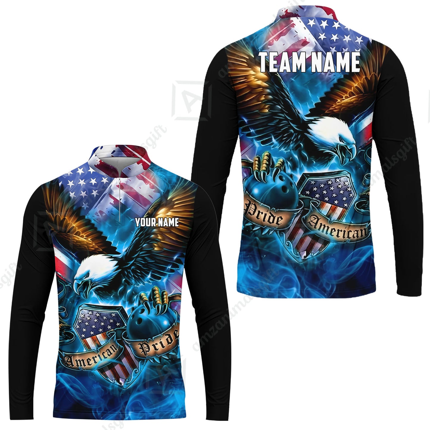 Custom Bowling Jersey Polo Shirt, American Pride Eagle, Personalized Name & Team Name