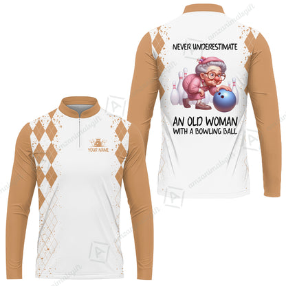 Custom Bowling Jersey Polo Shirt, Never Underestimate An Old Woman With A Bowling Ball, Personalized Name & Team Name