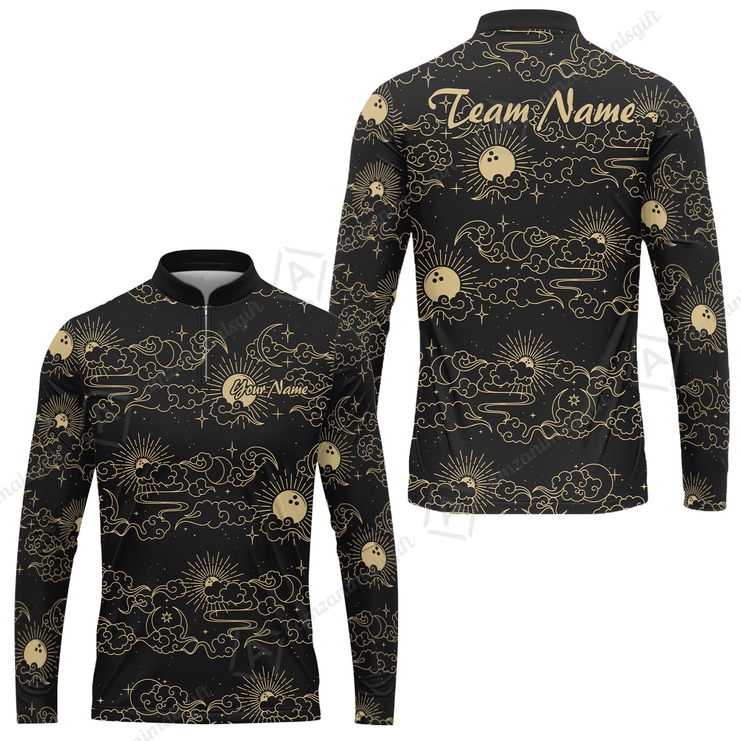 Custom Bowling Jersey Polo Shirt, Black Gold Celestial Bowling, Custom Bowling Jersey Team Shirt For Players With Name & Team Name