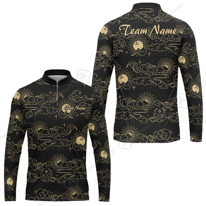 Custom Bowling Jersey Polo Shirt, Black Gold Celestial Bowling, Custom Bowling Jersey Team Shirt For Players With Name & Team Name