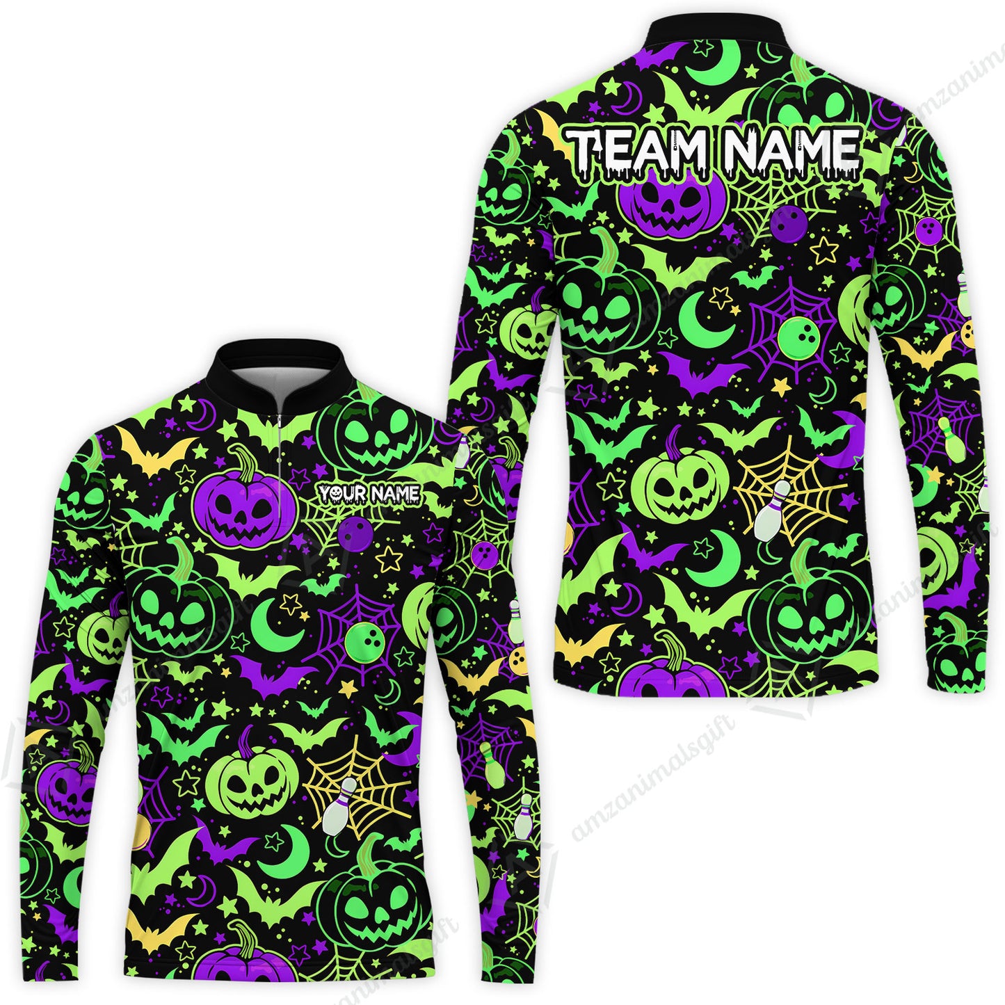 Customized Bowling Shirt, Neon Halloween Pattern Bowling And Pin Pumpkins Spider Bat, Personalized Polo Shirt For Players With Name & Team Name