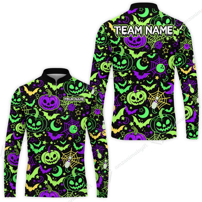 Customized Bowling Shirt, Neon Halloween Pattern Bowling And Pin Pumpkins Spider Bat, Personalized Polo Shirt For Players With Name & Team Name