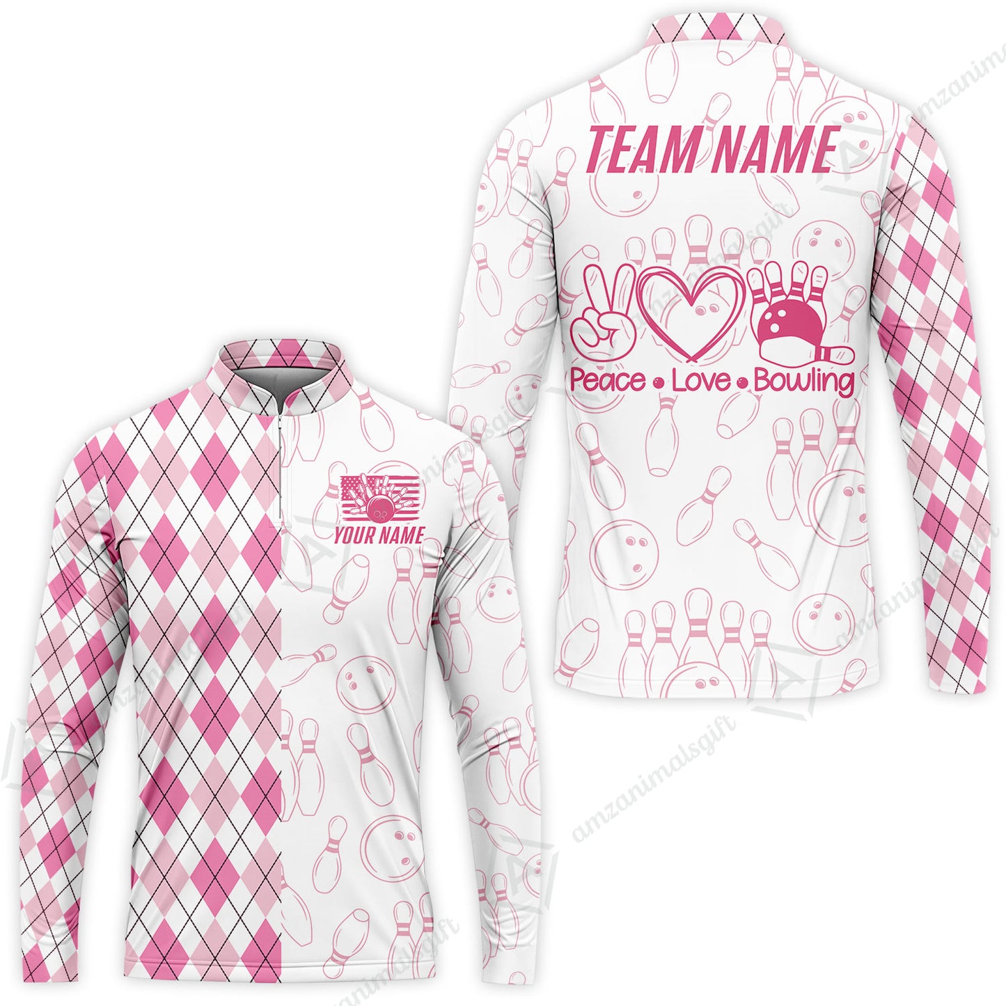 Custom Women Polo Shirt, Argyle Bowling Peace Love, Custom Bowling Women Polo Team Shirt For Players With Name & Team Name