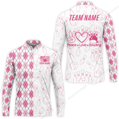 Custom Women Polo Shirt, Argyle Bowling Peace Love, Custom Bowling Women Polo Team Shirt For Players With Name & Team Name