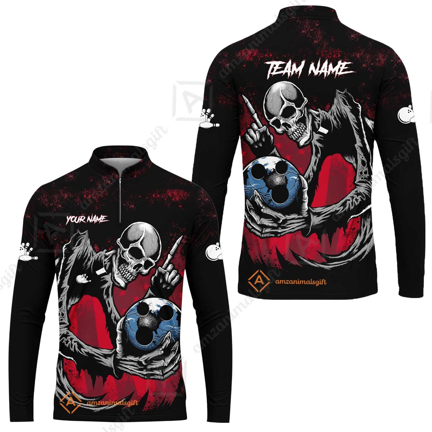 Customized Bowling Team Men Polo Shirt , Horrified Skull Bowling Ball Halloween Style Uniform Shirt, Jersey For Bowlers