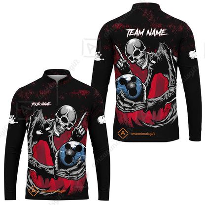 Customized Bowling Team Men Polo Shirt , Horrified Skull Bowling Ball Halloween Style Uniform Shirt, Jersey For Bowlers