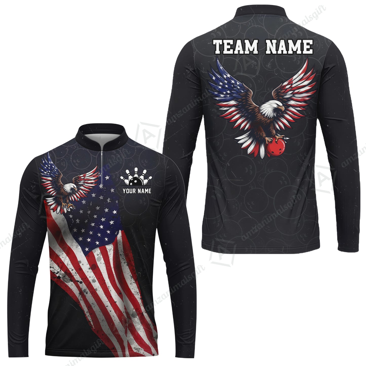 Custom Bowling Jersey Polo Shirt, USA Flag Draped Bald Eagle Strike, Custom Bowling Jersey Team Shirt For Players With Name & Team Name