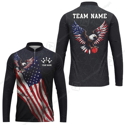 Custom Bowling Jersey Polo Shirt, USA Flag Draped Bald Eagle Strike, Custom Bowling Jersey Team Shirt For Players With Name & Team Name