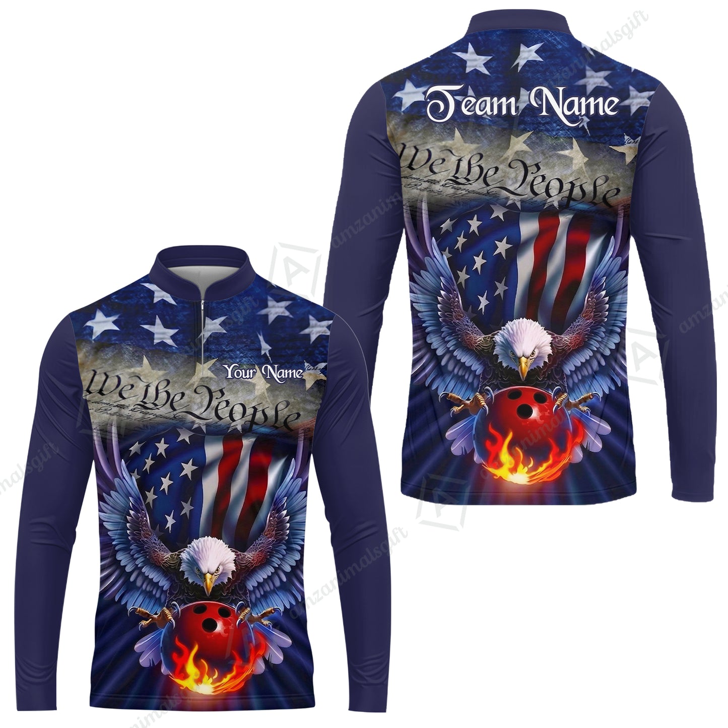 Custom Bowling Jersey Polo Shirt, Flaming Bowling Ball Eagle Custom Bowling Jersey Team Shirt For Players With Name & Team Name