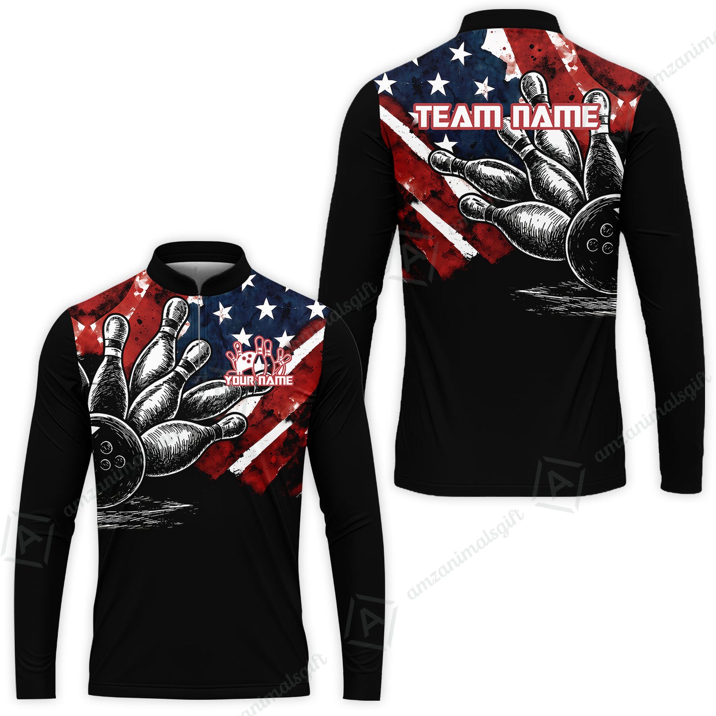 Custom Bowling Jersey Polo Shirt, American Flag and Bowling Pins Sketch, Custom Bowling Jersey Team Shirt For Players With Name and Team Name