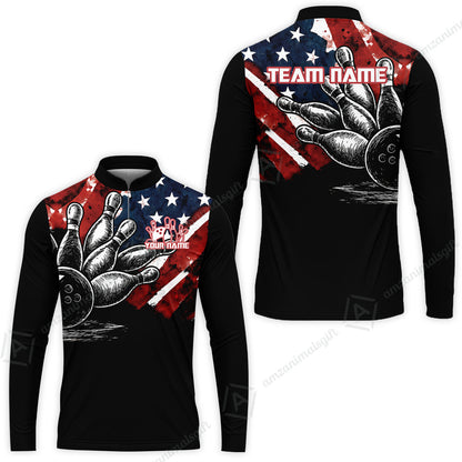 Custom Bowling Jersey Polo Shirt, American Flag and Bowling Pins Sketch, Custom Bowling Jersey Team Shirt For Players With Name and Team Name