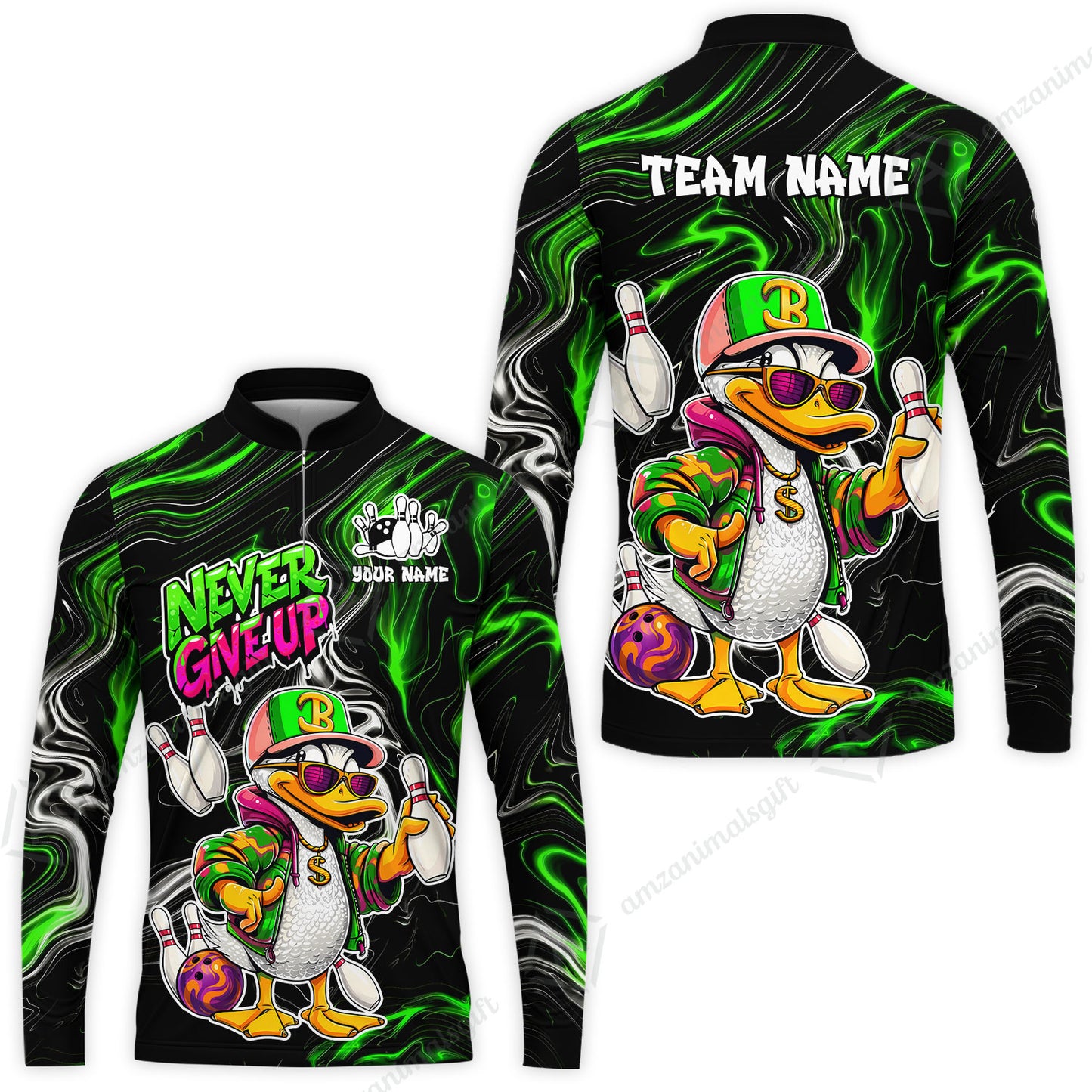 Custom Bowling Jersey Polo Shirt, Duck Never Give Up, Custom Bowling Jersey Team Shirt For Players With Name & Team Name
