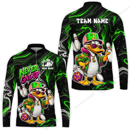 Custom Bowling Jersey Polo Shirt, Duck Never Give Up, Custom Bowling Jersey Team Shirt For Players With Name & Team Name