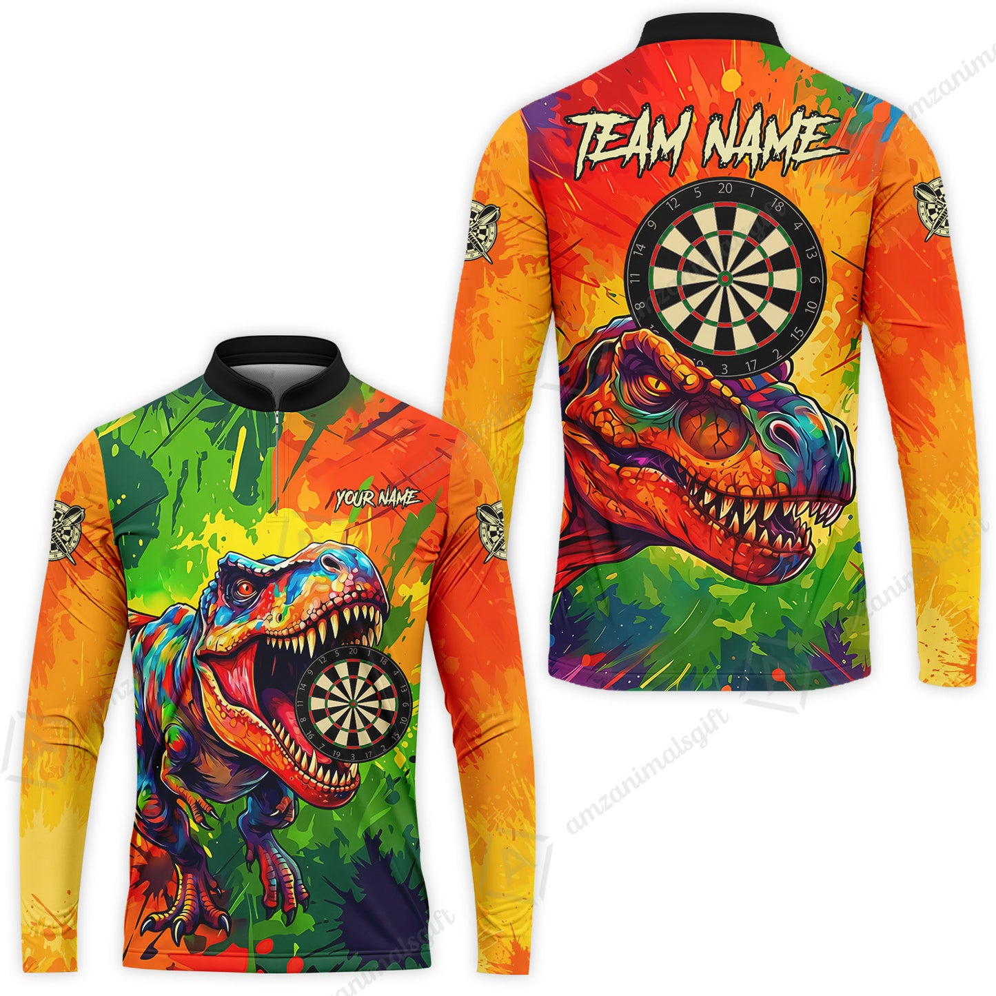 Custom Darts Jersey Polo Shirt, Colorful Splatter T-Rex Dino, Custom Dart Jersey Team Shirt For Players With Name & Team Name
