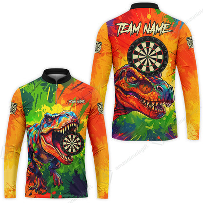 Custom Darts Jersey Polo Shirt, Colorful Splatter T-Rex Dino, Custom Dart Jersey Team Shirt For Players With Name & Team Name
