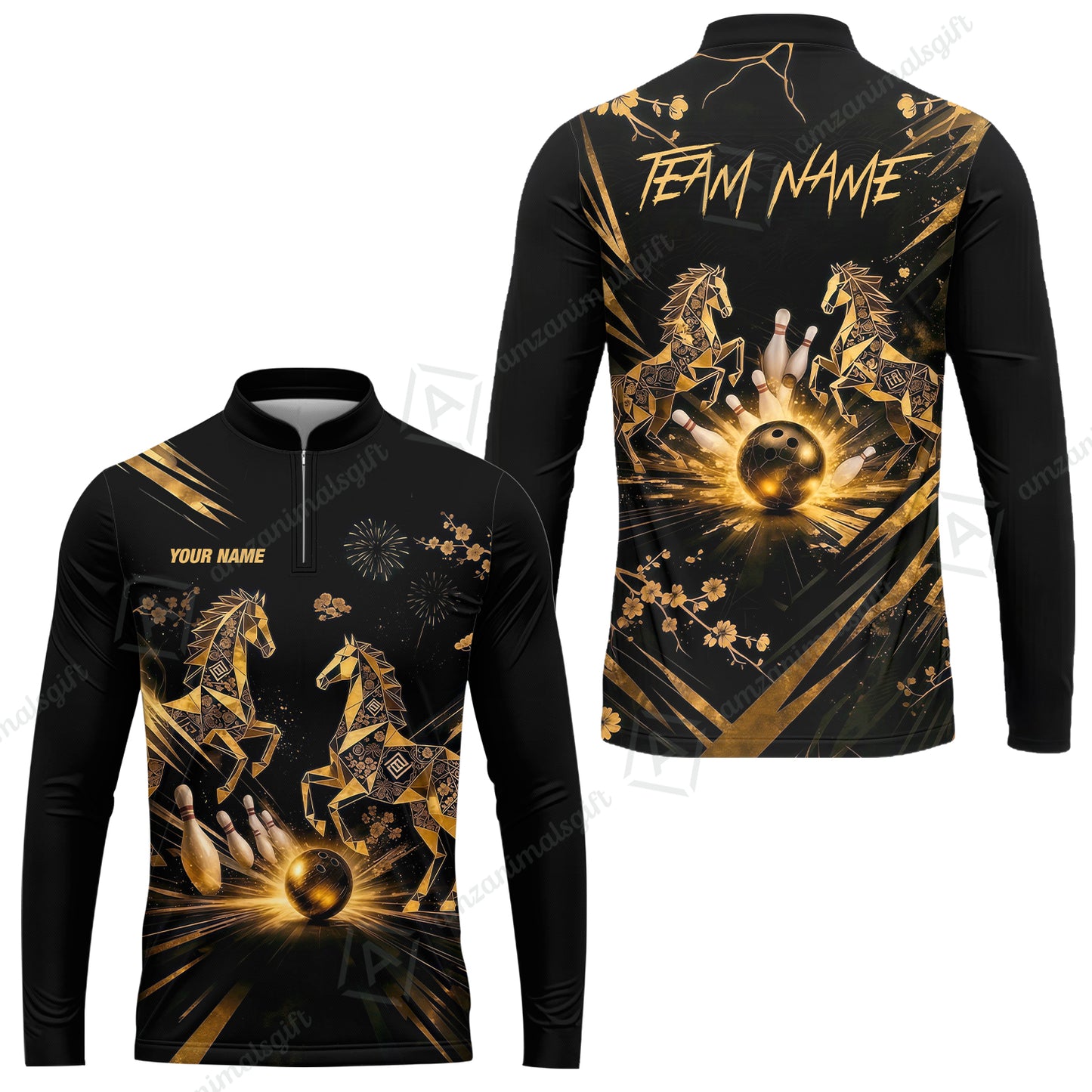 Custom Bowling Jersey Polo Shirt, Black Gold Horse, Custom Bowling Jersey Team Shirt For Players With Name & Team Name