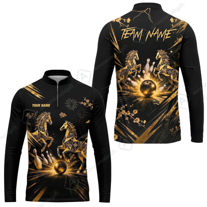 Custom Bowling Jersey Polo Shirt, Black Gold Horse, Custom Bowling Jersey Team Shirt For Players With Name & Team Name