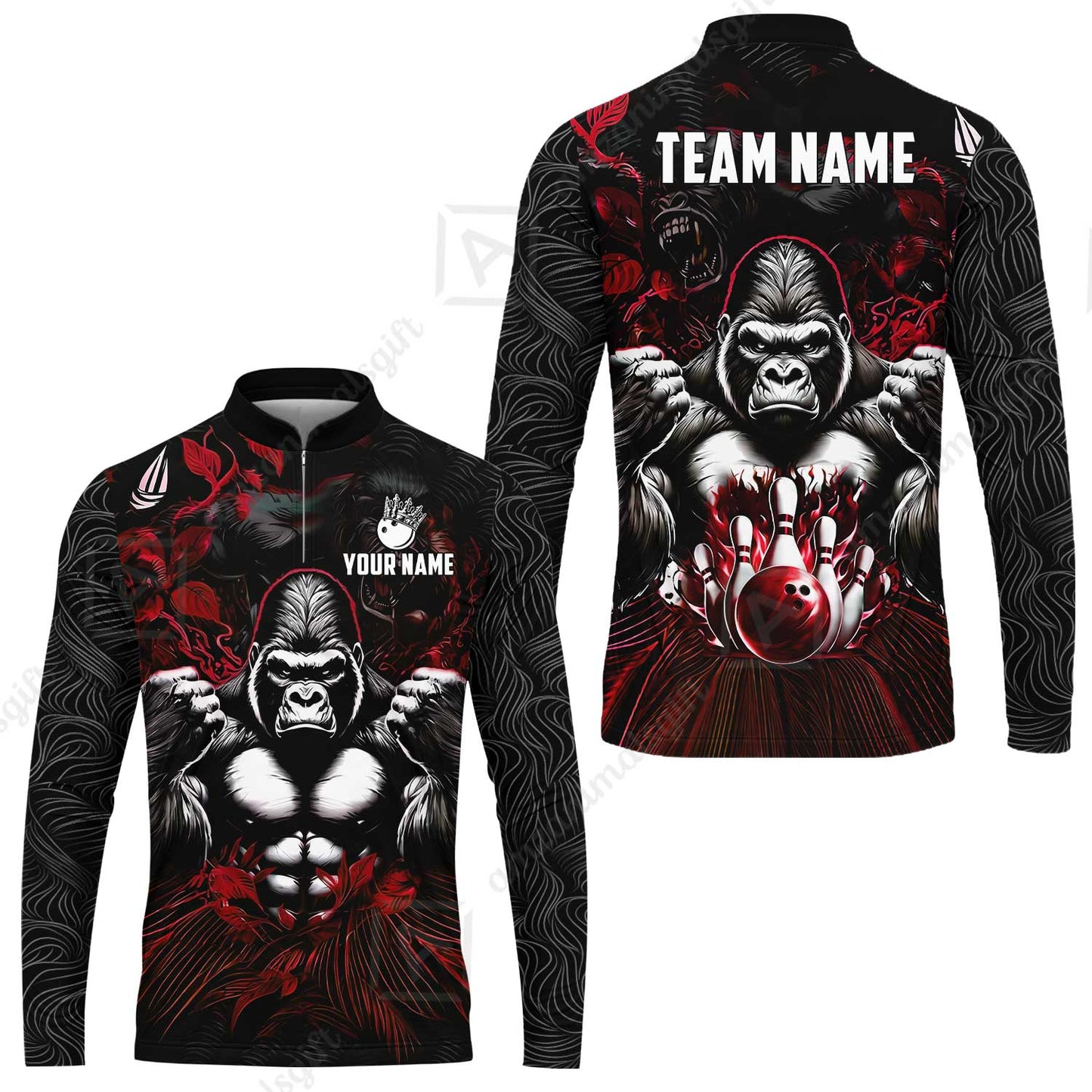 Custom Bowling Jersey Polo Shirt, Furious Gorilla Mascot, Custom Bowling Jersey Team Shirt For Players With Name & Team Name