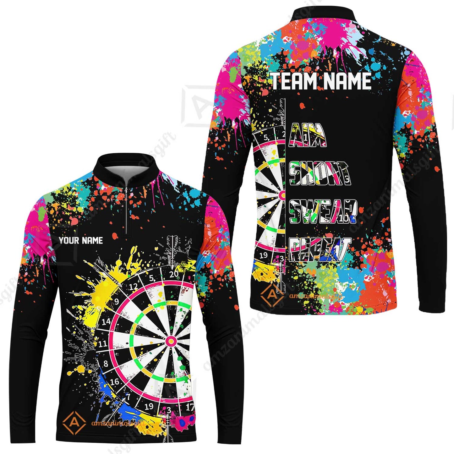 Custom Funny Dartboards Colorful Paint Quarter Zip Polo Team Shirts,  Custom Aim Shoot Swear Repeat Darts Team Jerseys Uniform