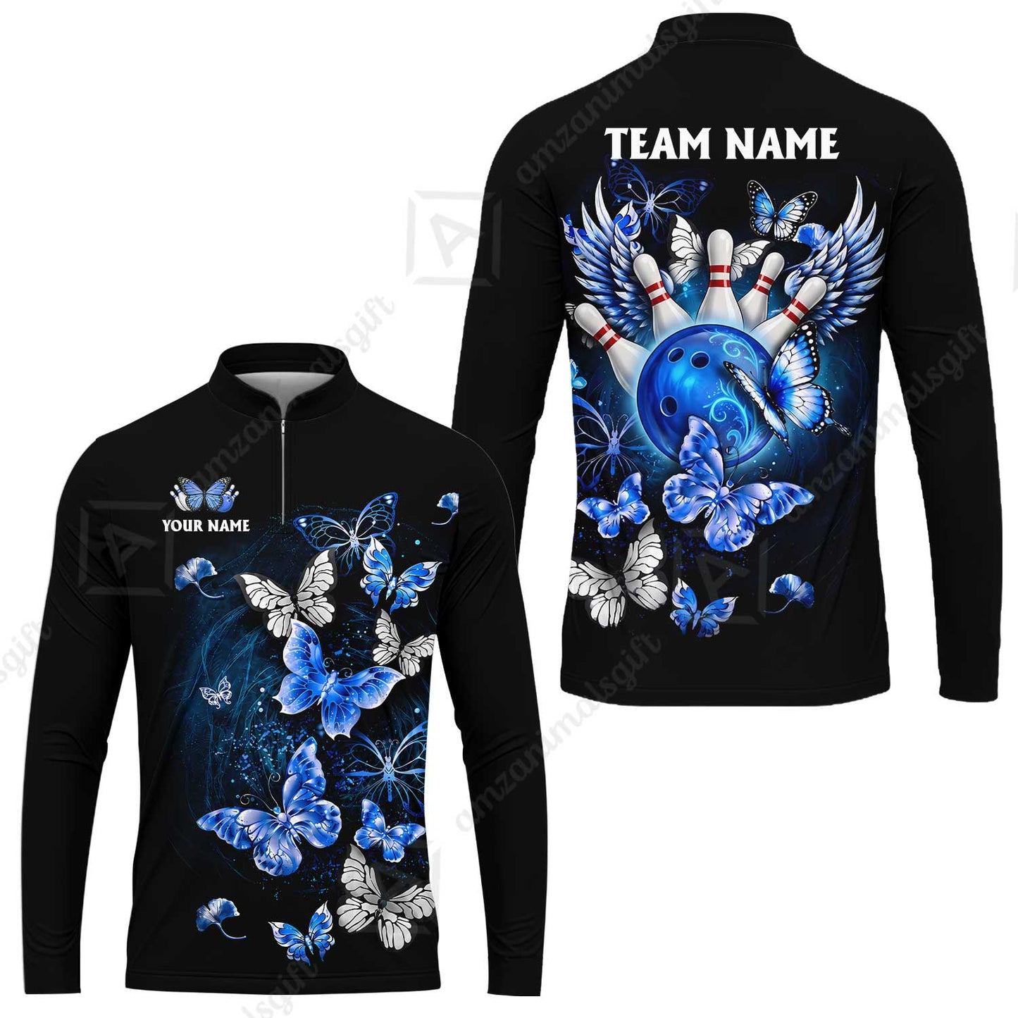 Custom Bowling Jersey Polo Shirt, Dreamy Nebula & Angelic Butterflies, Personalize Name and Team Name