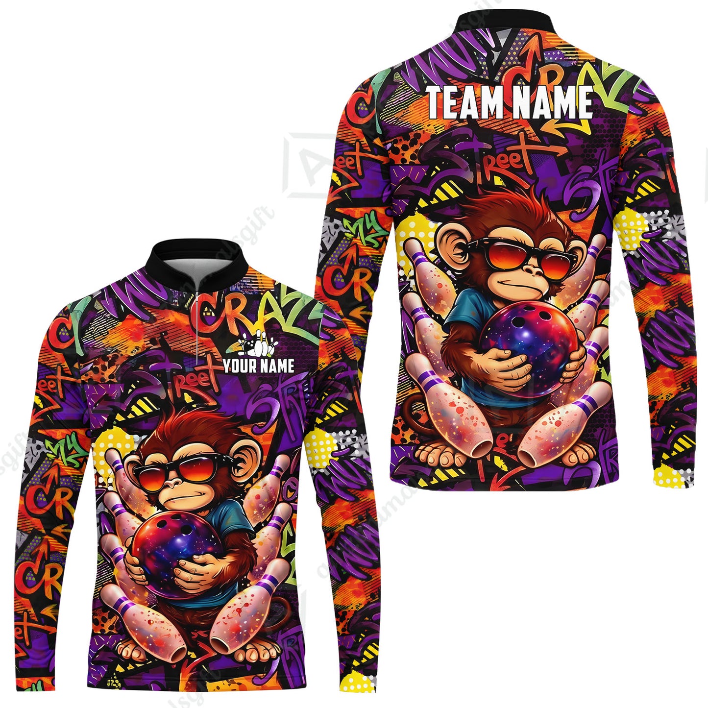 Custom Bowling Jersey Polo Shirt, Street Graffiti Funny Monkey Mascot, Custom Bowling Jersey Team Shirt For Players With Name & Team Name