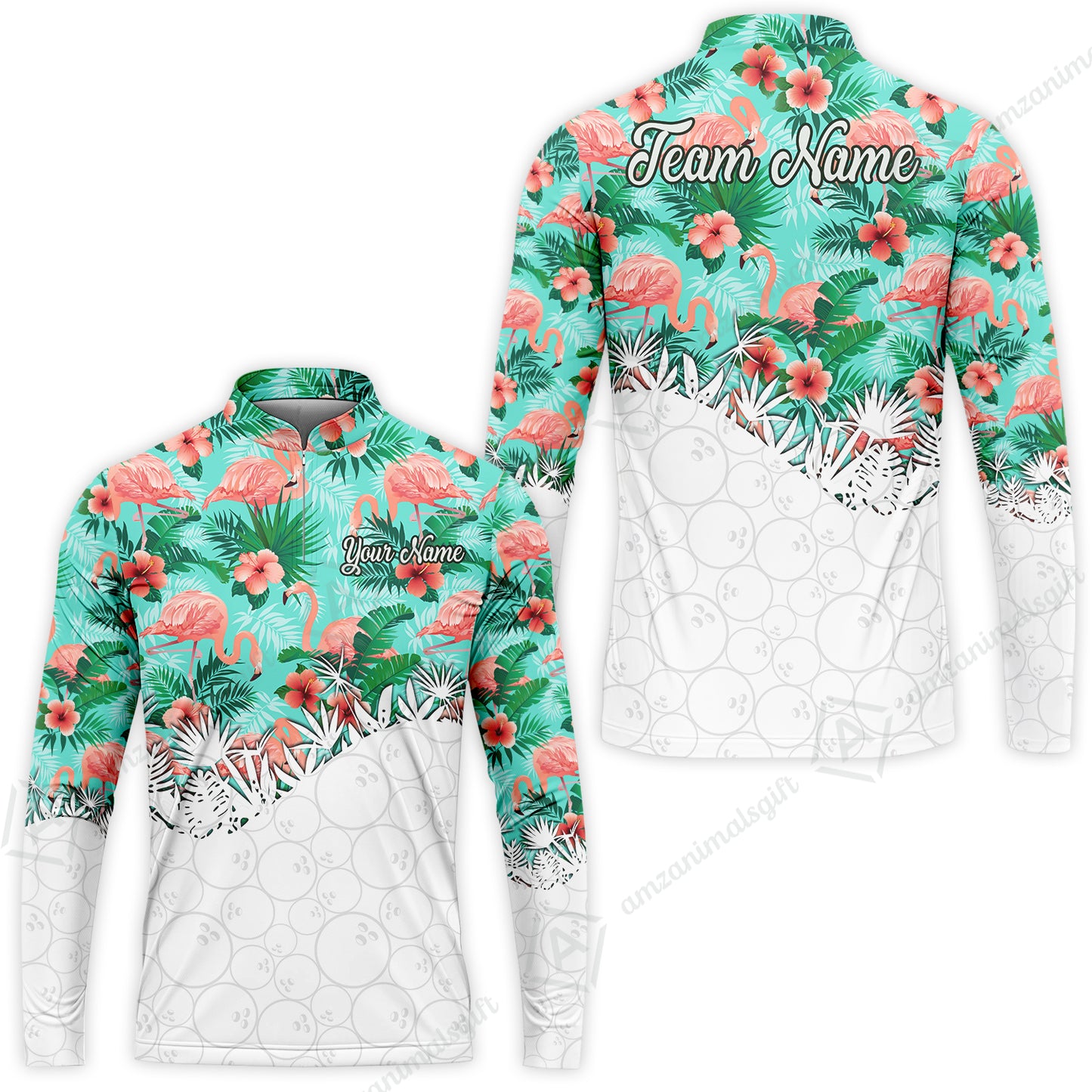 Custom Bowling Jersey Polo Shirt, Tropical Pink Flamingo Hawaiian, Custom Bowling Jersey Team Shirt For Players With Name & Team Name