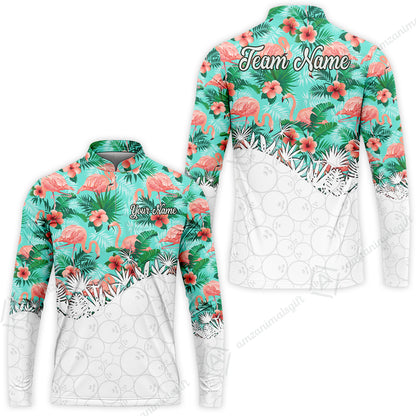 Custom Bowling Jersey Polo Shirt, Tropical Pink Flamingo Hawaiian, Custom Bowling Jersey Team Shirt For Players With Name & Team Name