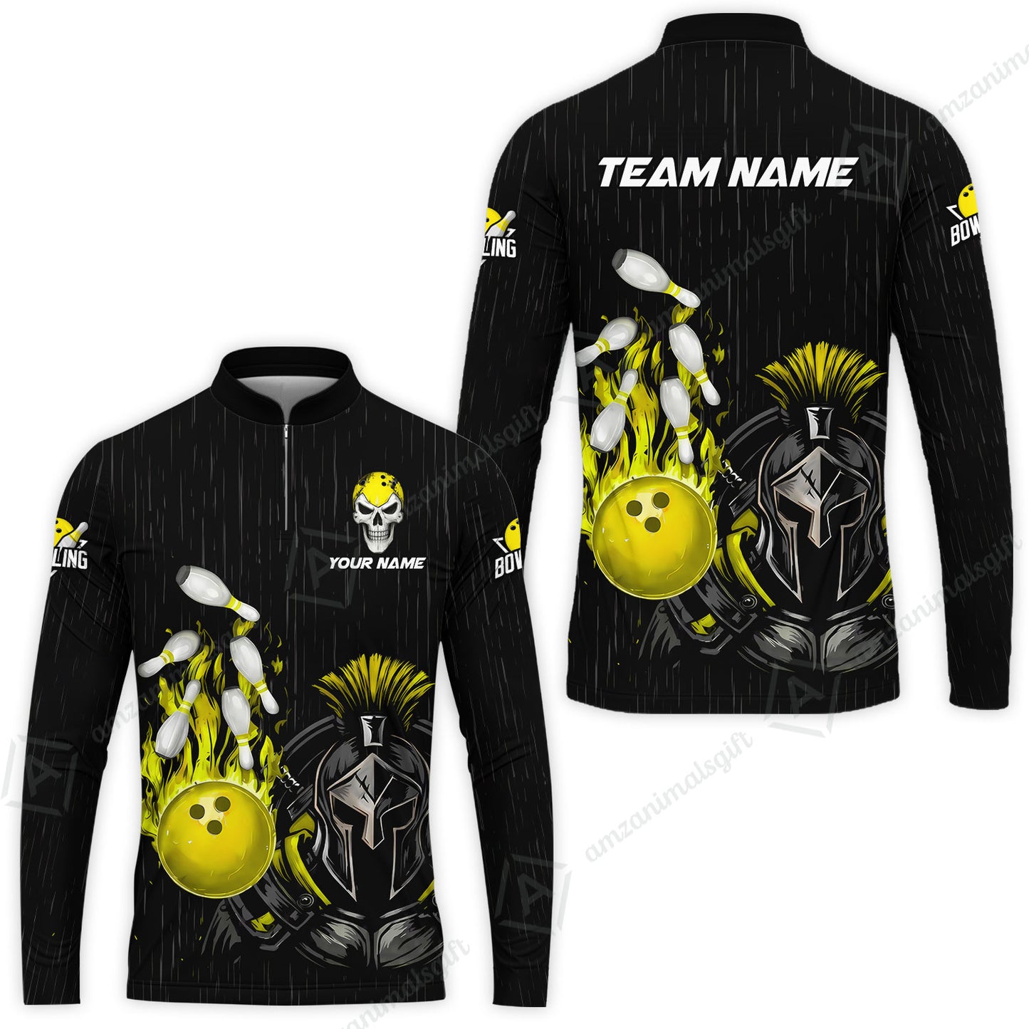Custom Bowling Jersey Polo Shirt, Fire Bowling Knight Rain Skull Logo, Personalize Name & Team Name