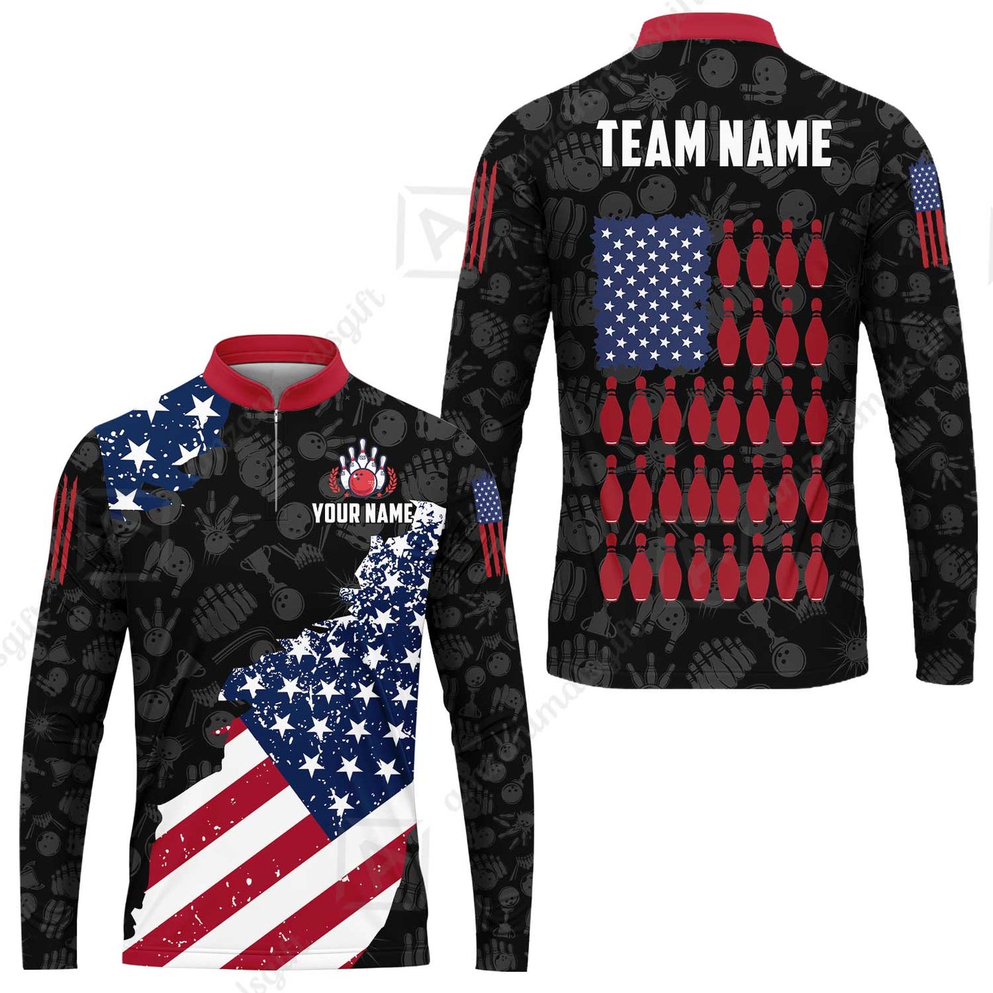 Custom Bowling Jersey Polo Shirt, Americana Patriotic Distressed Flag, Custom Bowling Jersey Team Shirt For Players With Name and Team Name