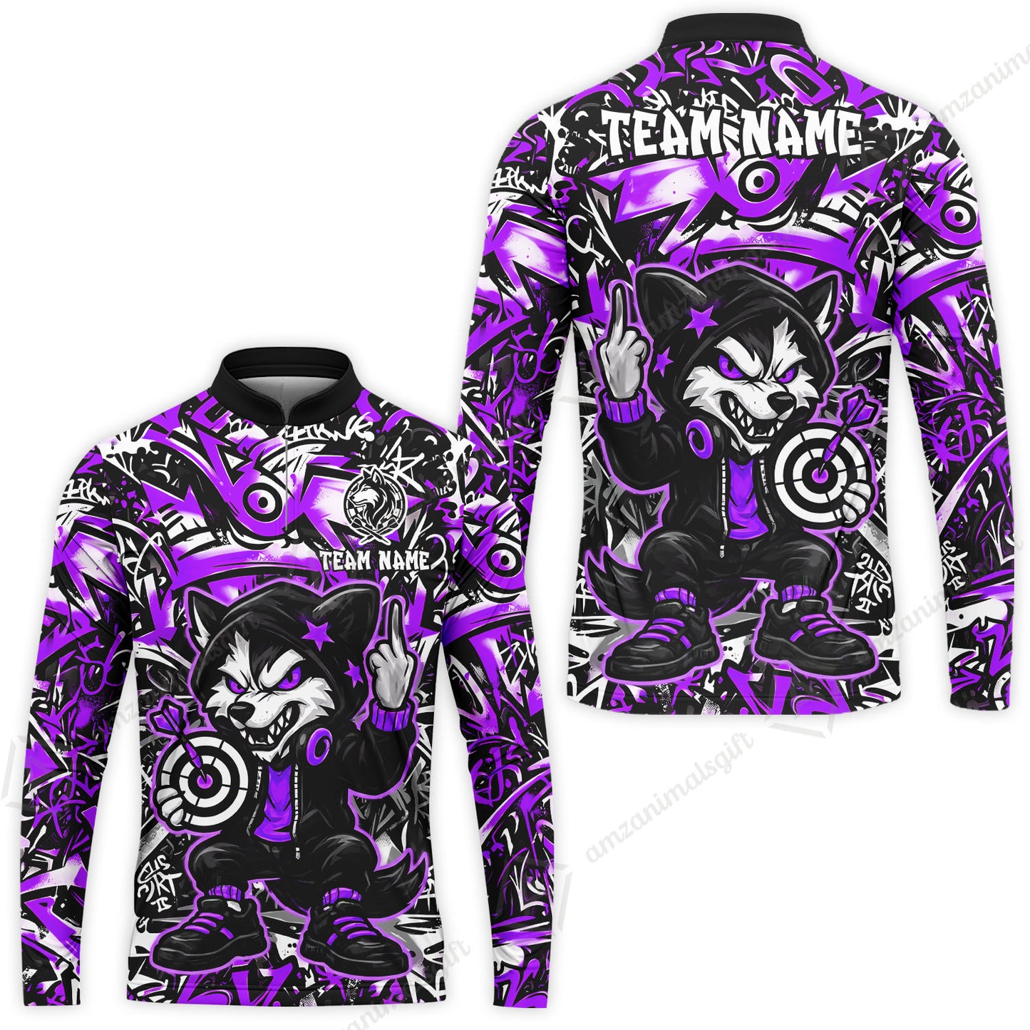 Customized Darts Team Uniform Shirt, Cool Cartoon Wolf With Dartboard, Personalized Name And Team Name