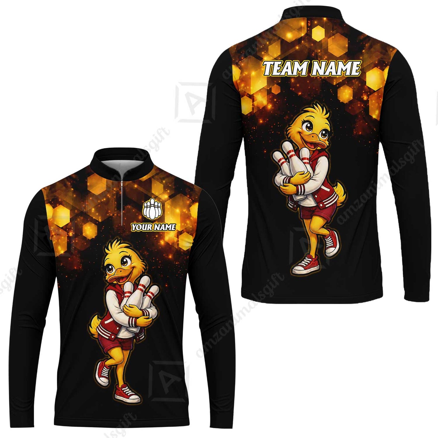 Custom Bowling Jersey Polo Shirt, Golden Glow Varsity Duckling Mascot, Custom Bowling Jersey Team Shirt For Players With Name and Team Name