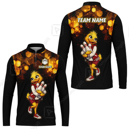 Custom Bowling Jersey Polo Shirt, Golden Glow Varsity Duckling Mascot, Custom Bowling Jersey Team Shirt For Players With Name and Team Name