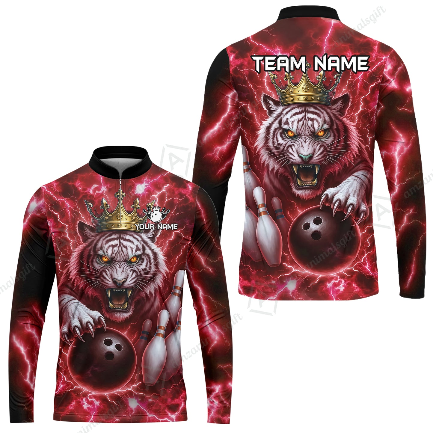 Custom Bowling Team Quarter-Zip Polo Shirt, Bowling White Tiger Lighting Shirt, Personalized Team Shirt with Custom Name