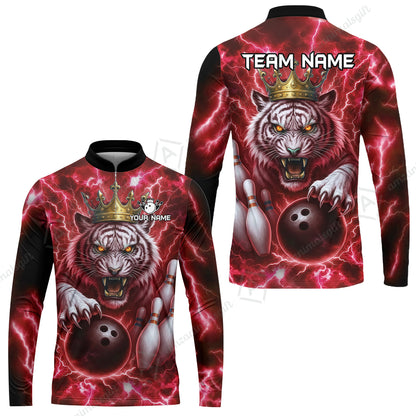 Custom Bowling Team Quarter-Zip Polo Shirt, Bowling White Tiger Lighting Shirt, Personalized Team Shirt with Custom Name