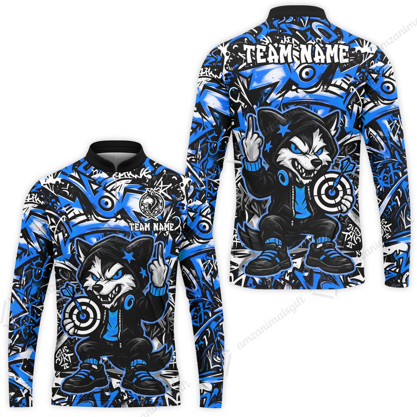Customized Darts Team Uniform Shirt, Cool Cartoon Wolf With Dartboard, Personalized Name And Team Name