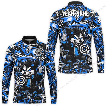 Customized Darts Team Uniform Shirt, Cool Cartoon Wolf With Dartboard, Personalized Name And Team Name