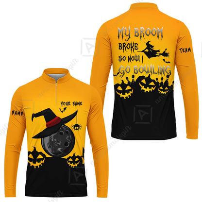 Custom Bowling Jersey Polo Shirt, Halloween My Broom Broke So Now I Go Bowling, Personalized Name And Team Name