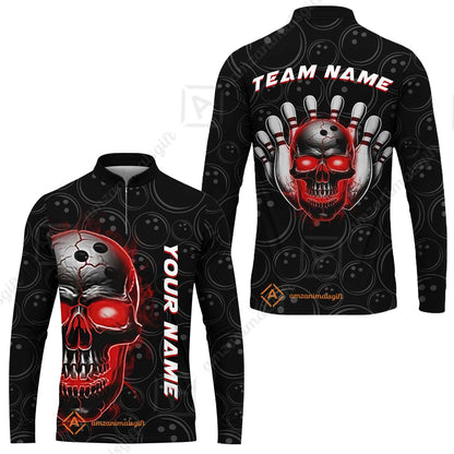 Customized Bowling Team Jersey Skull Flaming In Bowling Pattern Personalized Name Team Name Quarter-Zip Jerseys For Bowlers
