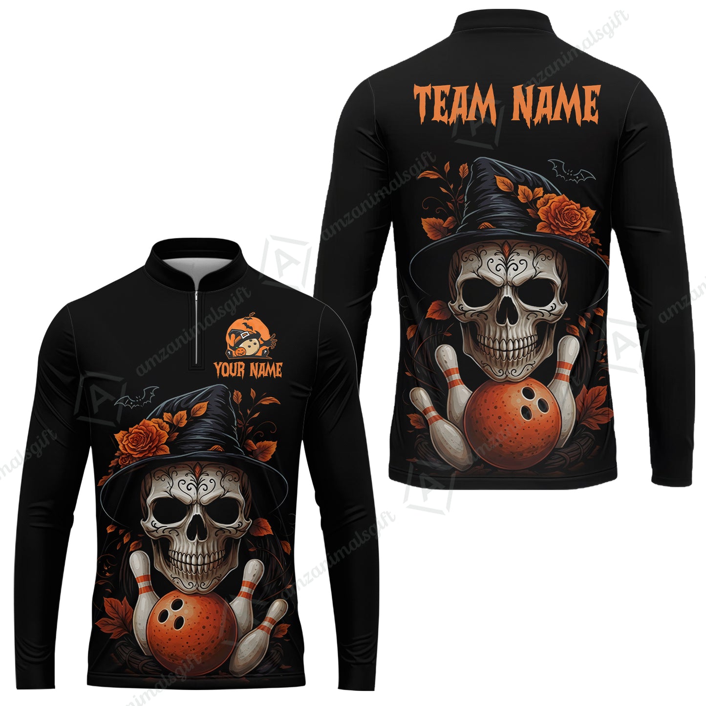 Customized Bowling Shirt, Halloween Skull Witch, Personalized Polo Shirt For Players With Name & Team Name