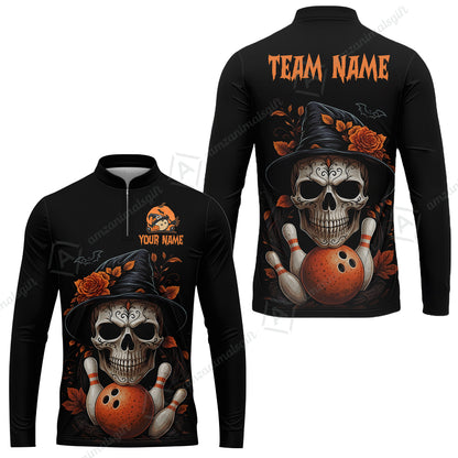 Customized Bowling Shirt, Halloween Skull Witch, Personalized Polo Shirt For Players With Name & Team Name
