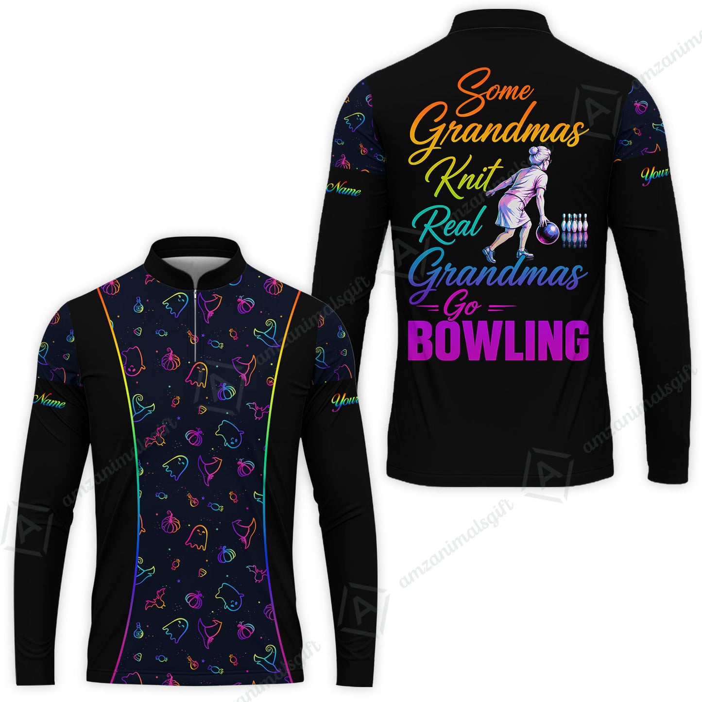 Custom Bowling Jersey Polo Shirt, Some Grandmas Bowl Real Grandmas Play Bowling Halloween Rainbow Pattern, Personalized Name And Team Name