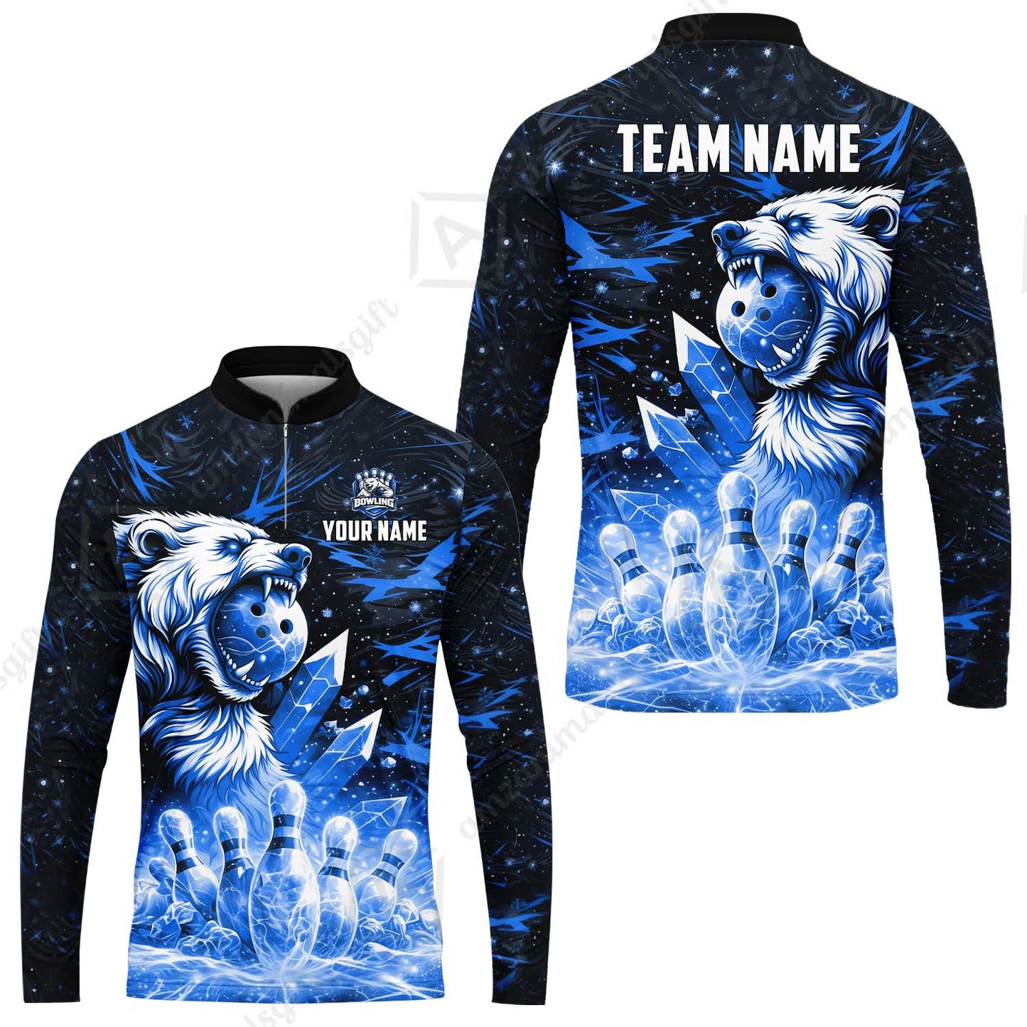 Custom Bowling Jersey Polo Shirt, Arctic Bear & Crystal Galaxy, Custom Bowling Jersey Team Shirt For Players With Name & Team Name